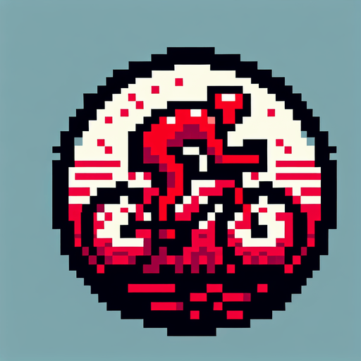 red 8-bit pixelated cyclist seen from the front. bird-eye perspective. black outline. pixelated.
Single Game Texture. In-Game asset. 2d. Blank background. High contrast. No shadows.