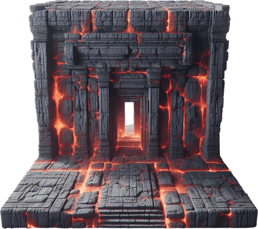 Interior of volcanic temple ruins in outerspace..
Single Game Texture. In-Game asset. 2d. Blank background. High contrast. No shadows.