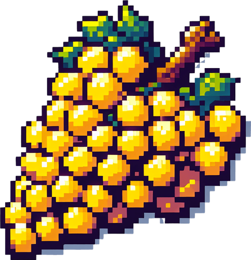 Pixel art of yellow grapes.
Single Game Texture. In-Game asset. 2d. Blank background. High contrast. No shadows.