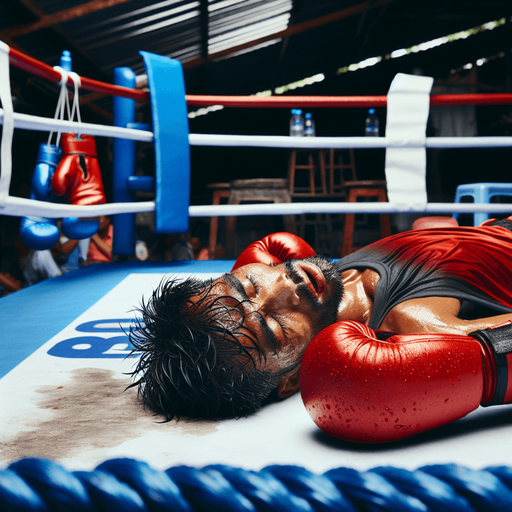 man boxer with red gloves is KO on the ring..