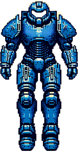 a blue iron man style armor flying.
Retro gaming style