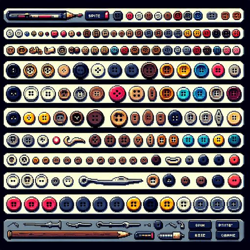 Create a sprite sheet featuring various sewing buttons. Each button should be distinct, with a cohesive color scheme. The style should be detailed pixel art, reminiscent of classic 8-bit era video game. Arrange the components on a dark background, with each part neatly aligned in rows and columns for easy identification and use in game development..
Single Game Texture. In-Game asset. 2d. Blank background. High contrast. No shadows.