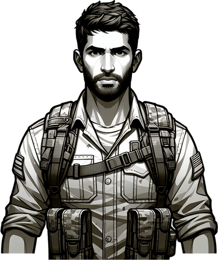 Soldier in a zombie infested world.
Single Game Texture. In-Game asset. 2d. Blank background. High contrast. No shadows.