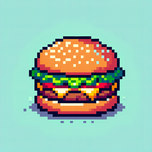 hamburger. pixelated. 8-bit.
Single Game Texture. In-Game asset. 2d. Blank background. High contrast. No shadows.