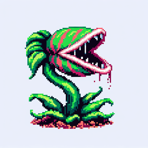 Head of a carnivorous plant, mouth open at top, pixel art
Single Game Texture. In-Game asset. 2d. Blank background. High contrast. No shadows.