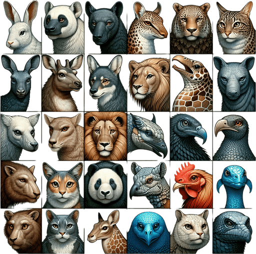 Patchwork of heads of plenty animals..
Single Game Texture. In-Game asset. 2d. Blank background. High contrast. No shadows.