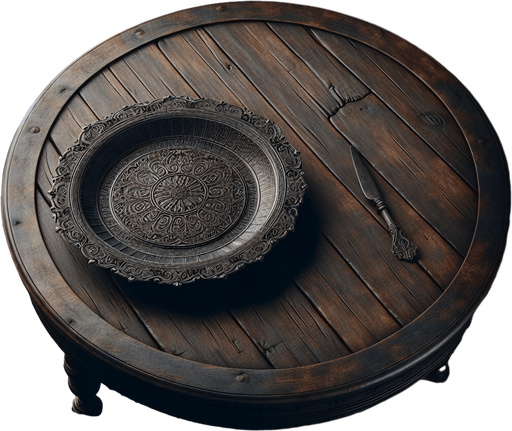 a dark wooden kitchen table with a serving plate..
Single Game Texture. In-Game asset. 2d. Blank background. High contrast. No shadows.