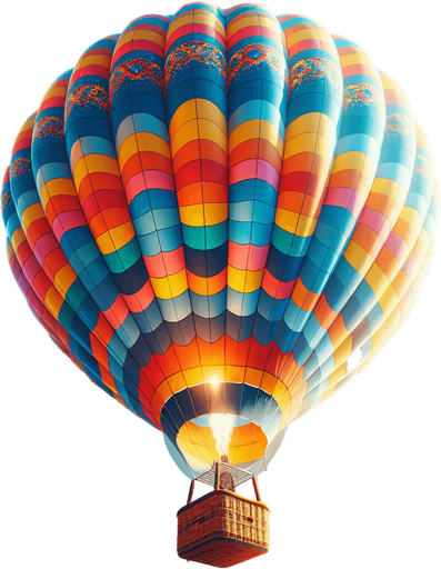 a full hot air balloon with a basket flying to the right.