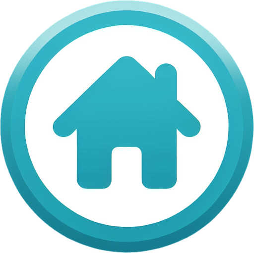 A cyan circle button with a home silhouette in the center. The button means "go back to start window". Avoid white color..
Single Game Texture. In-Game asset. 2d. Blank background. High contrast. No shadows.