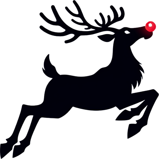 2d silhouette of a flying reindeer with a red glowy nose Single Game Texture. In-Game asset. 2d. Blank background. High contrast. No shadows.