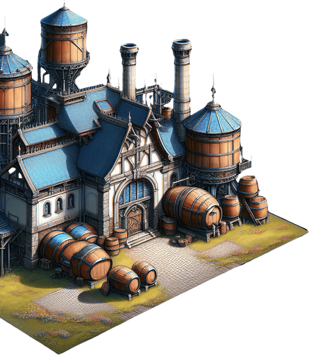 A brewery in a fantasy rts style.
Single Game Texture. In-Game asset. 2d. Blank background. High contrast. No shadows.