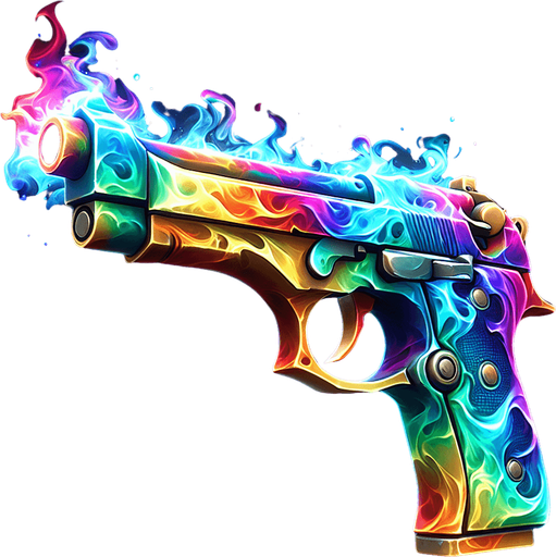 Pistol made of gaseous rainbow colored magic energy..
Single Game Texture. In-Game asset. 2d. Blank background. High contrast. No shadows.