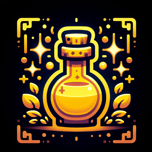 potion magique jaune.
Single Game Texture. In-Game asset. 2d. Blank background. High contrast. No shadows.