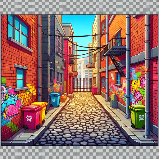 Create a cartoon-style  illustration of a back alley. The goal is to capture a lively and playful location. No skies..
Single Game Texture. In-Game asset. 2d. Blank background. High contrast. No shadows.