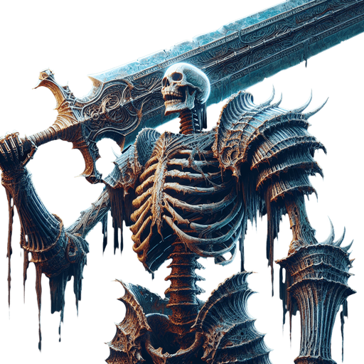 giant armored skeleton with a great sword.
Single Game Texture. In-Game asset. 2d. Blank background. High contrast. No shadows.