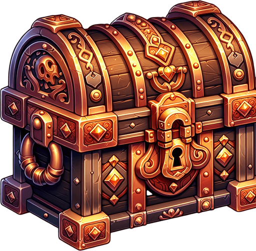 treasure chest.
Single Game Texture. In-Game asset. 2d. Blank background. High contrast. No shadows.