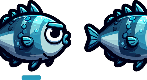 create a cartoon-style illustration of a fish ashore, front view.
Single Game Texture. In-Game asset. 2d. Blank background. High contrast. No shadows.