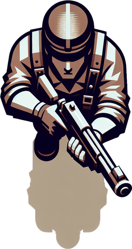 top down character with gun de dos.
Single Game Texture. In-Game asset. 2d. Blank background. High contrast. No shadows. topdown shooter