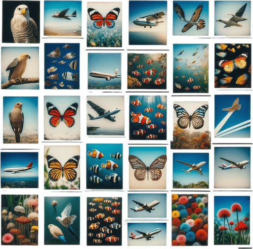 a multitude of polaroids in bulk, with photos of birds, fishes, butterflies, planes....