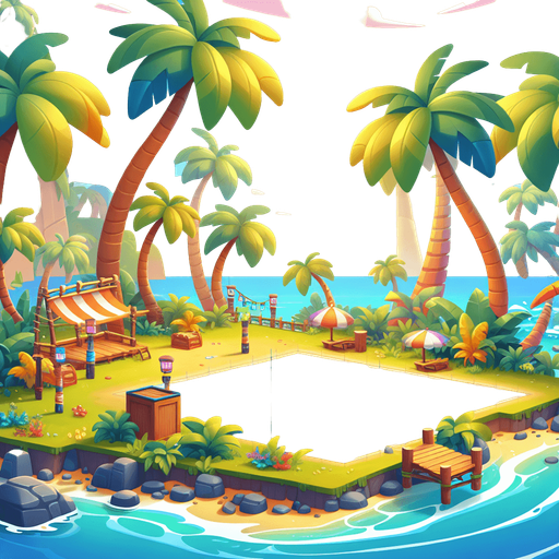 Create a cartoon-style illustration of palm trees. The goal is to capture a lively and playful location.
Single Game Texture. In-Game asset. 2d. Blank background. High contrast. No shadows.