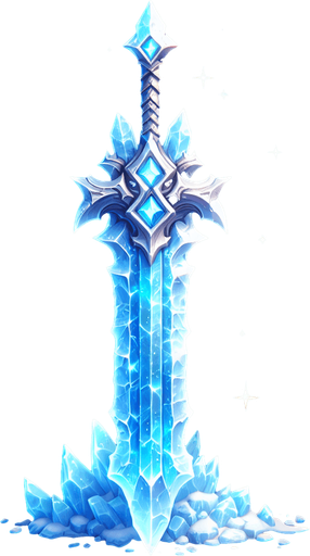 Magical elemental crystal sword made of ice..
Single Game Texture. In-Game asset. 2d. Blank background. High contrast. No shadows.