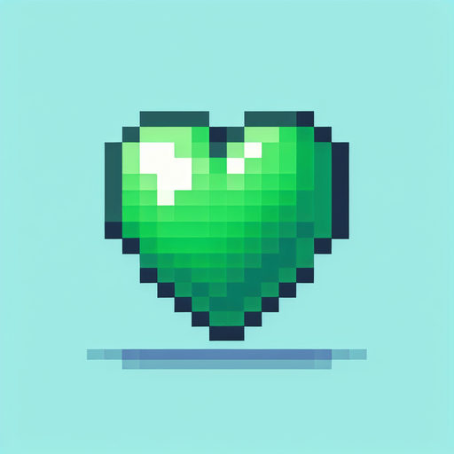 Pixel art heart green
Single Game Texture. In-Game asset. 2d. Blank background. High contrast. No shadows.