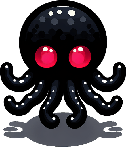 The octopus is black, with red eyes.
Single Game Texture. In-Game asset. 2d. Blank background. High contrast. No shadows.