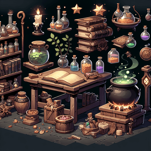 atelier de sorciere.
Single Game Texture. In-Game asset. 2d. Blank background. High contrast. No shadows.