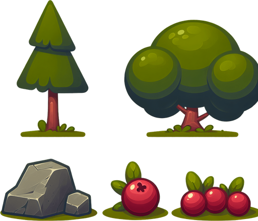 A tree a rock and crambery in a RTS style Single Game Texture. In-Game asset. 2d. Blank background. High contrast. No shadows.