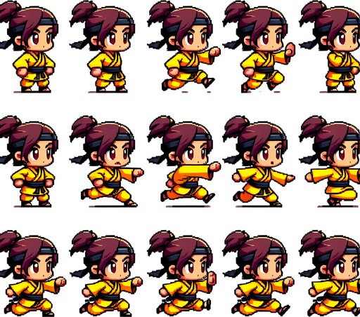 little ninja girl with a yellow kimono. Running frames: left and right legs in alternate positions.
2x2 sprite sheet