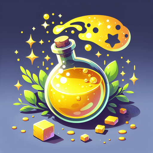 potion magique jaune.
Single Game Texture. In-Game asset. 2d. Blank background. High contrast. No shadows.