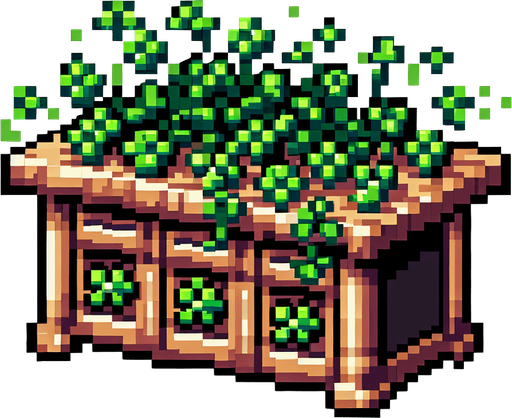 pixel art of a wood counter full of 4 leaf clovers.
front face view