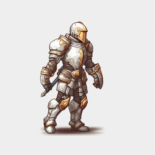 Heroic knight walking to the right.
Game Texture. In-Game asset. 2d. Pixelart. White background. Blank background. Low detail. High contrast.