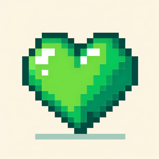 Pixel art heart green
Single Game Texture. In-Game asset. 2d. Blank background. High contrast. No shadows.