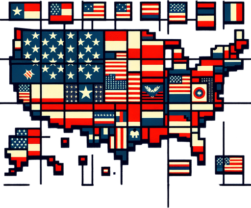 Drapeau national des USA en fond d'un patchwork des États américains..
Single Game Texture. In-Game asset. 2d. Blank background. High contrast. No shadows.