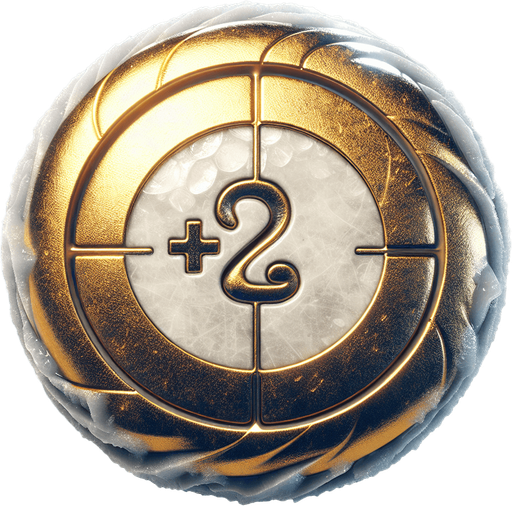 round frozen golden curling ball seen from above. text (+2) inscribed on it. sylized..
Single Game Texture. In-Game asset. 2d. Blank background. High contrast. No shadows.