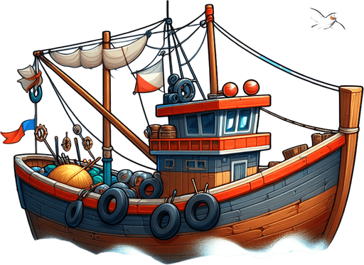 Create a cartoon-style illustration of a fishing boat. The goal is to capture a lively boat in action..
Single Game Texture. In-Game asset. 2d. Blank background. High contrast. No shadows.