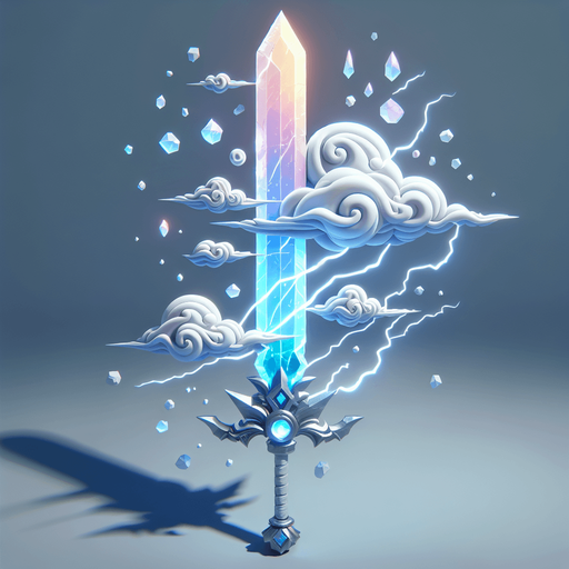 Magical elemental crystal sword made of clouds and lightning..
Single Game Texture. In-Game asset. 2d. Blank background. High contrast. No shadows.