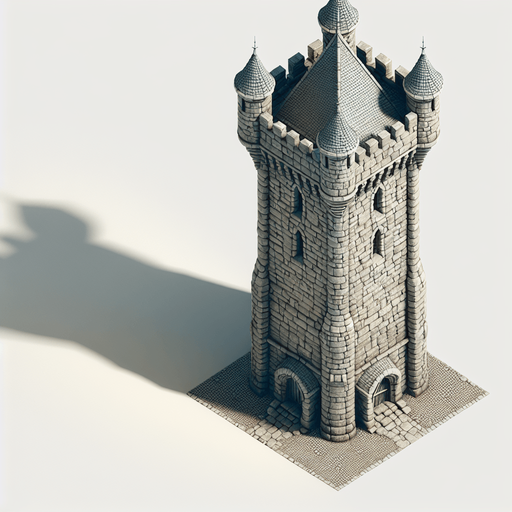 a medieval style stone tower. top down view. Single Game Texture. In-Game asset. 2d. Blank background. High contrast. No shadows.