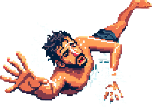 swimmer struggling to stay afloat, as if he's drowning. bird-eye view perspective. 8-bit pixelated.
Single Game Texture. In-Game asset. 2d. Blank background. High contrast. No shadows.