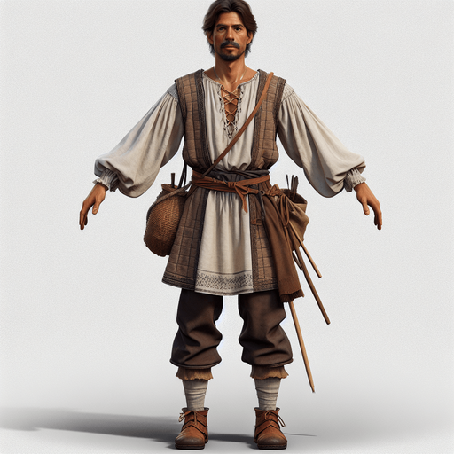 One human medieval villager in a warcraft 2 style Single Game Texture. In-Game asset. 2d. Blank background. High contrast. No shadows.