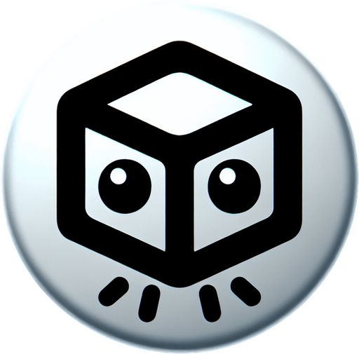 a button with a cube on it with two eyes and hands but no arms.
Single Game Texture. In-Game asset. 2d. Blank background. High contrast. No shadows.