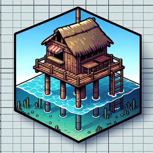 Create a cartoon-style illustration of a small bar hut on short stilts, above water,  close view.
Single Game Texture. In-Game asset. 2d. Blank background. High contrast. No shadows.