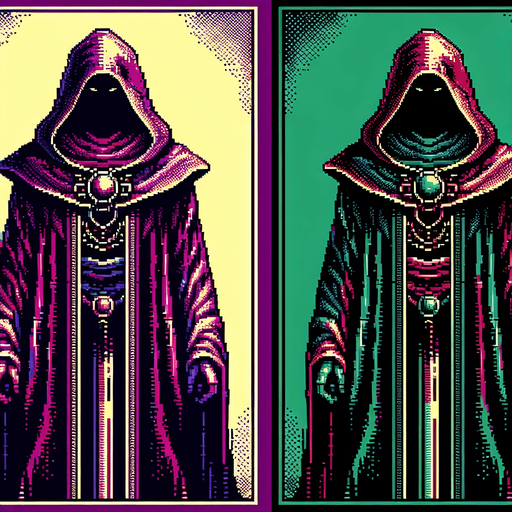 evil hooded wizard, full body, front facing, I want the art style to reflect a classic 16-bit retro pixel art aesthetic, reminiscent of early 1990s RPGs with vibrant colors..
Single Game Texture. In-Game asset. 2d. Blank background. High contrast. No shadows.