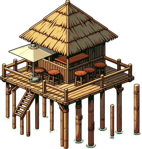 Create a cartoon-style illustration of a small bar hut on short stilts, above water,  close view.
Single Game Texture. In-Game asset. 2d. Blank background. High contrast. No shadows.