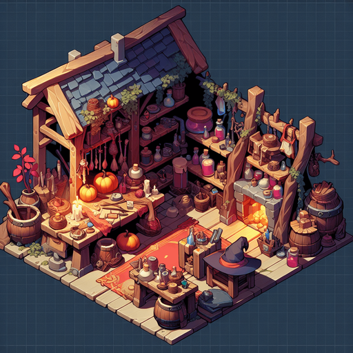 atelier de sorciere.
Single Game Texture. In-Game asset. 2d. Blank background. High contrast. No shadows.