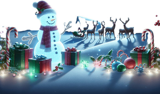 a feeric christmas landscape at night with a snow man , candy canes ,holly leafs and snow flakes, Santa's reindeers, green, red and blue presents Background image