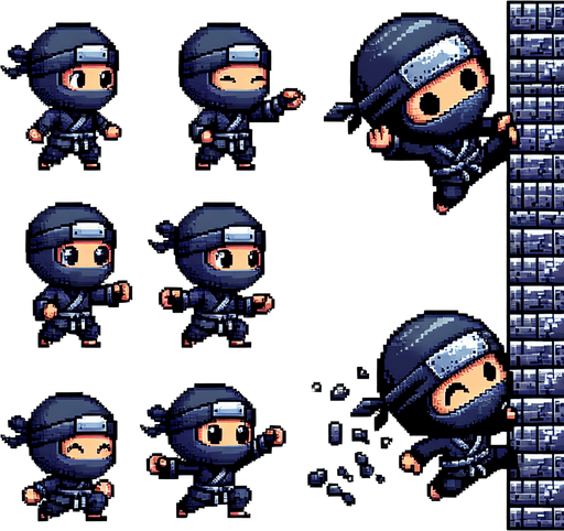 8-bit pixelated chibi ninja character sprite sheet with two simple, exaggerated action poses: one in mid-jump, with a small, round body and oversized head, arms and legs slightly bent in a cute, chibi-like leap. The second pose should emphasize the chibi ninja sliding down a wall: his body is pressed close to the wall with one hand extended upward, gripping or bracing against the wall. His feet should be pressed against the wall as he slides down, while his face is turned in the opposite direction, giving the impression he's scanning for threats or preparing to leap. The design should maintain the playful chibi proportions, with a dark, minimalistic outfit and a simple headband, all within a retro 8-bit pixel aesthetic and a limited color palette..
Single Game Texture. In-Game asset. 2d. Blank background. High contrast. No shadows.