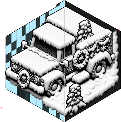 2d diagonal christmas car or truck in snow Single Game Texture. In-Game asset. 2d. Blank background. High contrast. No shadows.