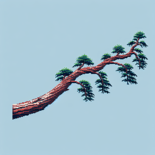 pixelart. A long horizontally growing  branch grown from a redwood tree. The tree itself should not be included in the image, only the branch..
Single Game Texture. In-Game asset. 2d. Blank background. High contrast. No shadows.